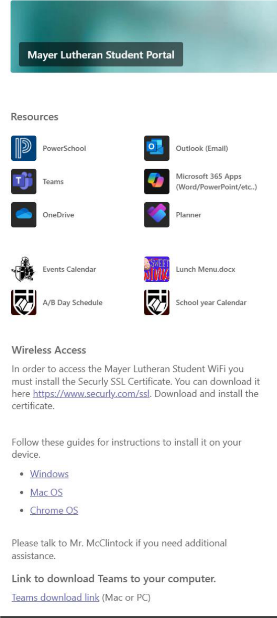 The Student Portal home page showing the Resources icons and the Wireless Access section