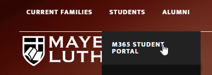 The mayerlutheran.org menu bar with Students expanded, showing M365 Student Portal